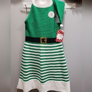 With Love, Derek NWT Green and Ivory Striped Elf Dress with Hat, Medium